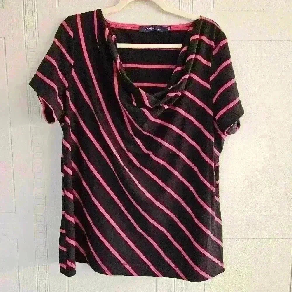 Eloquii Dark Navy with Pink Stripe Short Sleev Cowl Neck Top Size 18/20 EUC